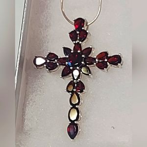 Sterling Silver Garnet Pendant Cross Huge*